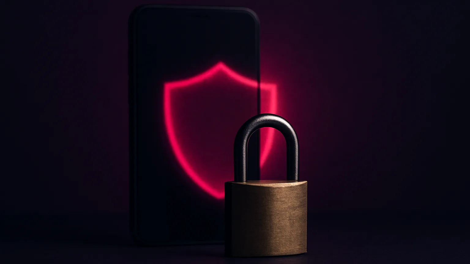 Vorhängeschloss vor einem Smartphone mit leuchtendem Schutzschild