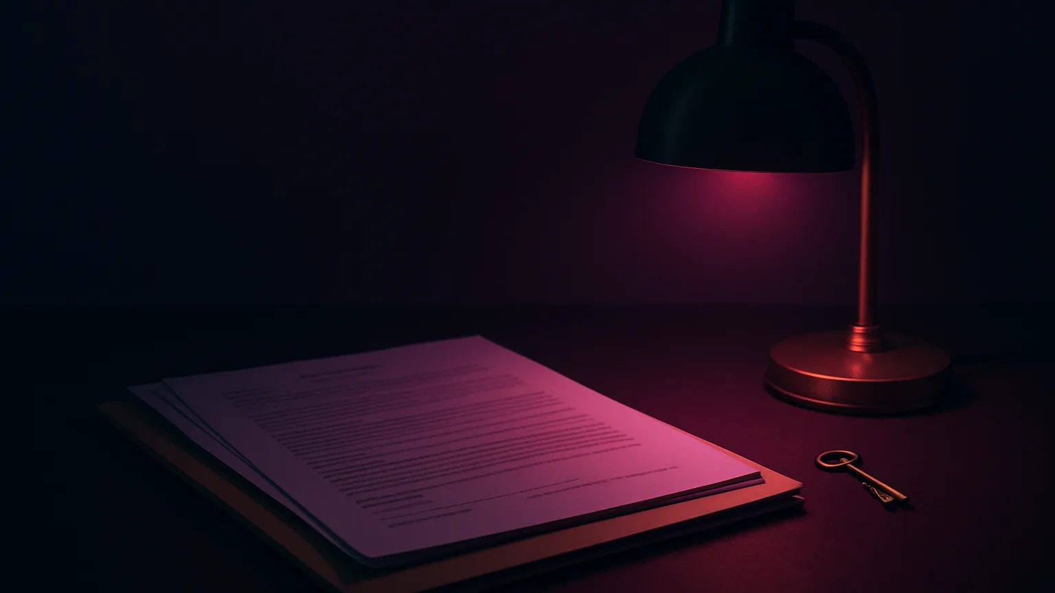 Unterlagen in einer Mappe, ein Schlüssel und eine Schreibtischlampe