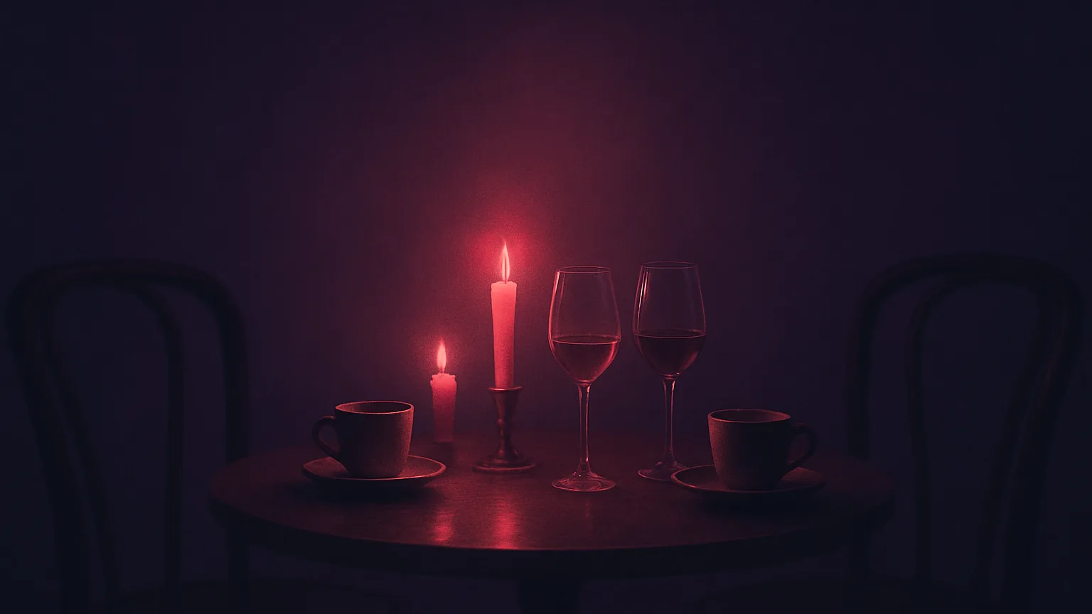 Kerzenbeleuchteter Tisch für zwei mit Gläsern und Tassen