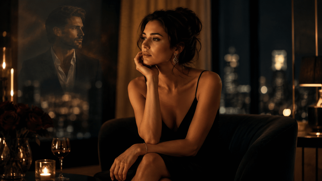 Wunderschöne Frau sitzt allein in einer eleganten Lounge bei Kerzenschein und denkt sehnsüchtig an einen attraktiven Mann im Hintergrund.