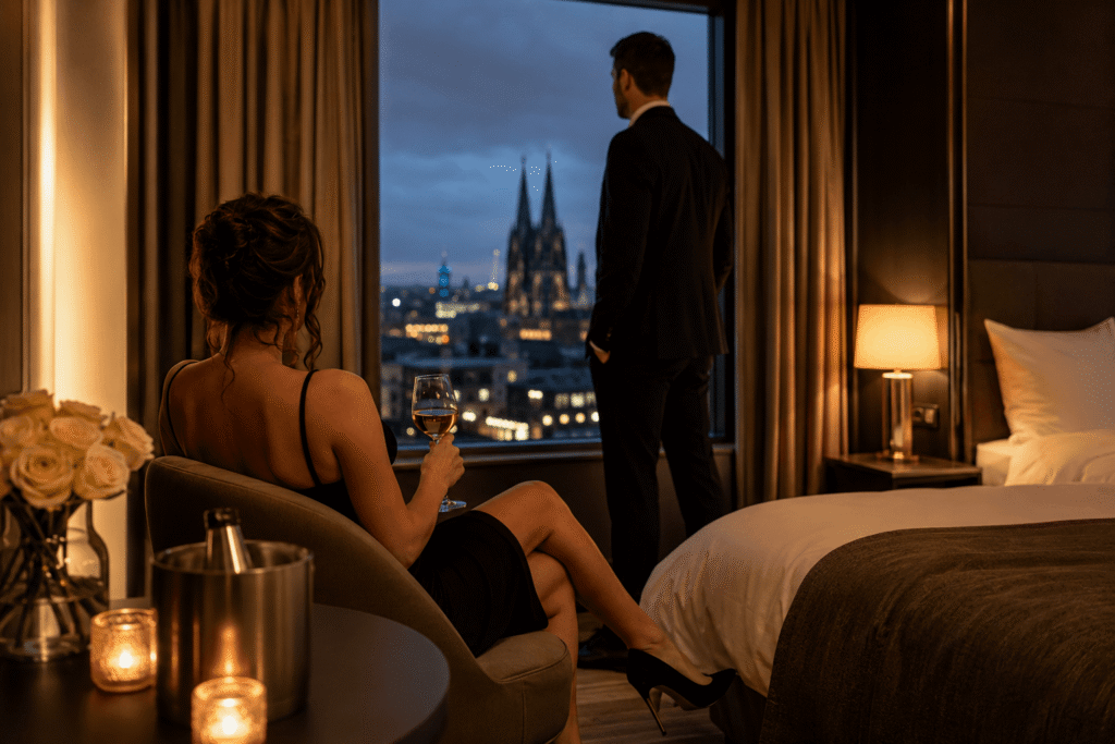 Frau bucht Callboy in Köln Bonn für diskrete Begleitung und einen stilvollen Abend im Hotelzimmer mit Stadtblick.